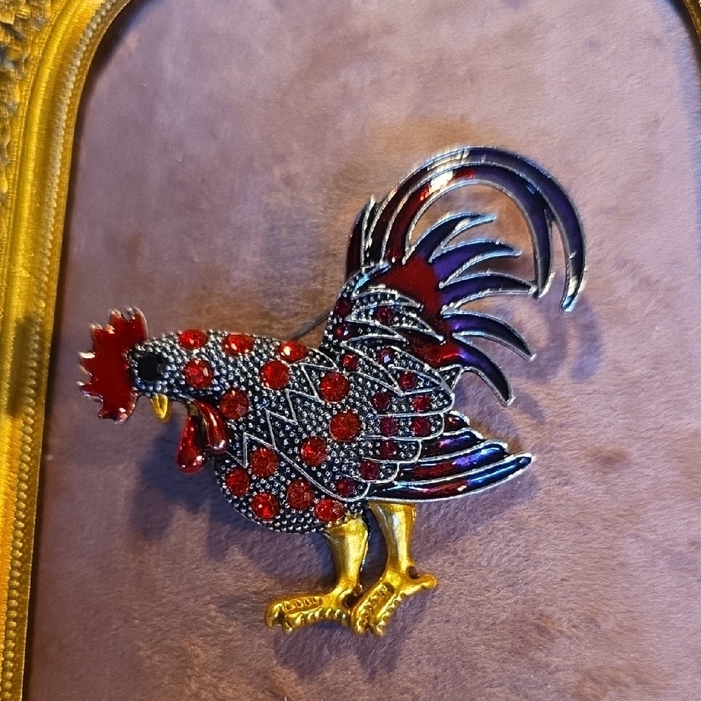 Rooster Brooch with Red and Gold Accents NWT Modern